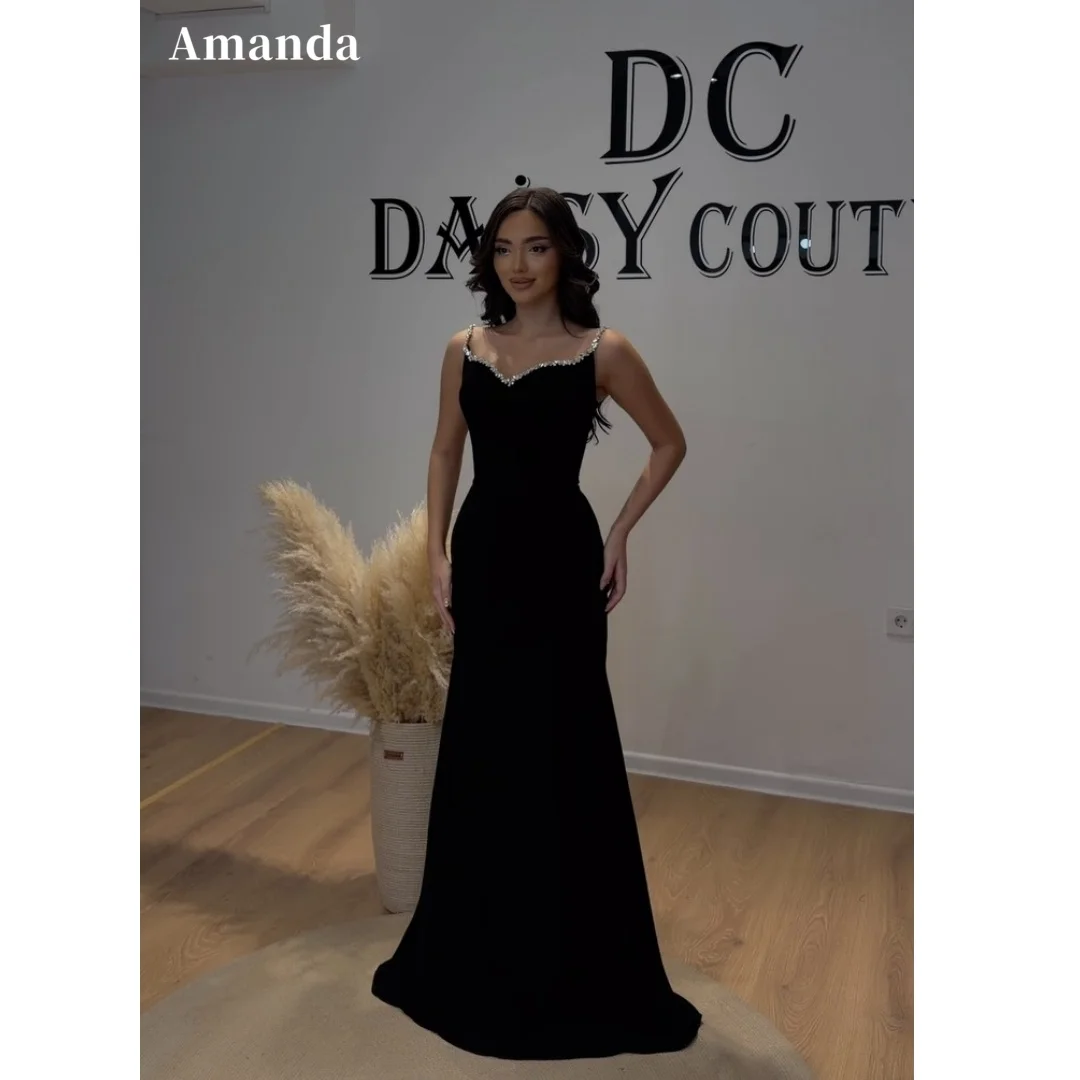 Amanda Custom Black Velvet Thin Strap Beaded V Neck Mermaid Prom Dress Long Formal Evening Gown Graduation Homecoming