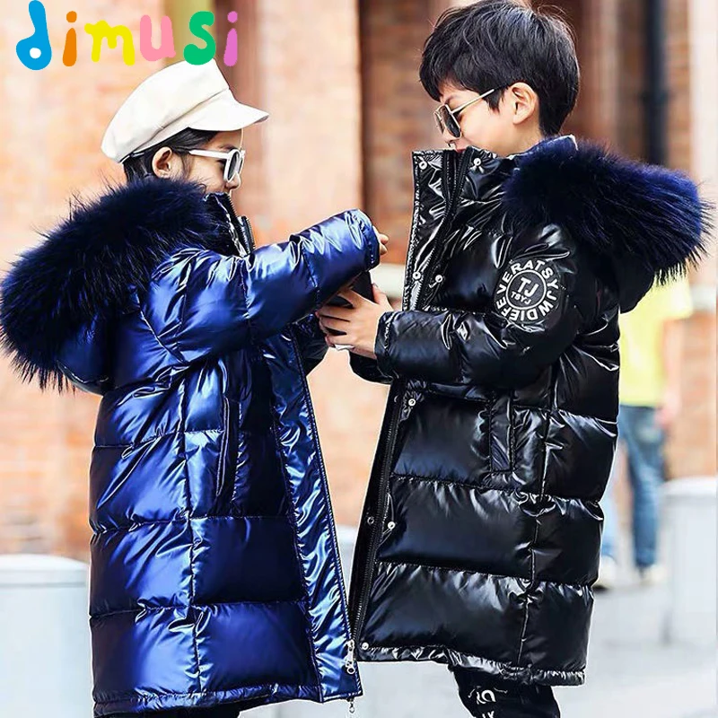 Winter Kids Coat Outdoor Leisure Thick Medium Long Girls Boys Bright Leather Cotton Padded Coat Fashion Waterproof Warm Clothing