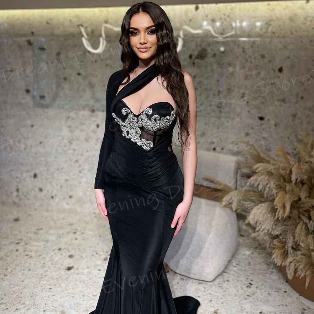 Sexy Modest Black Mermaid Graceful Women's Evening Dresses Popular One Shoulder Appliques Prom Gowns Modern فساتين سعيد شارون