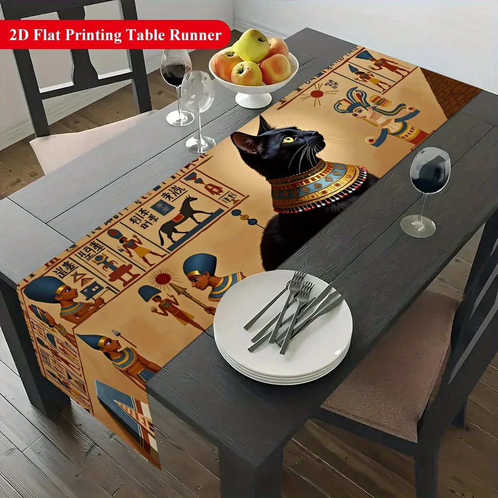 Egyptian Black Cat with Collar Table Runner - Ancient Exotic Animal Motif Decoration for Dining Coffee Table Home Party