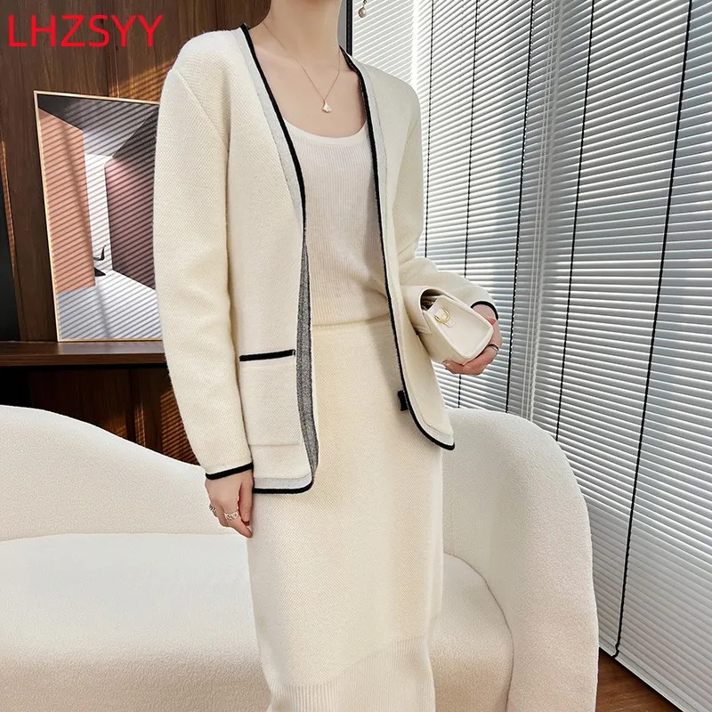 LHZSYY Women\' New Color Matching Set 100% Cashmere Button Free Cardigan Fashion Halfskirt 2023 Spring Large Size Jacket Sweaters