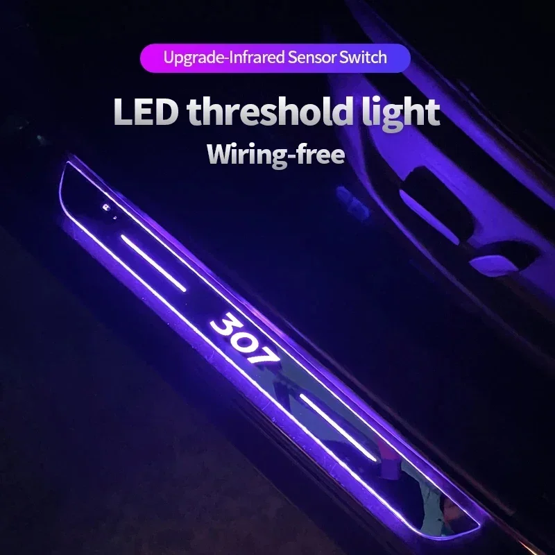 Car Door Sill Welcome Pedal LED Streamer Light Wireless Threshold Decorative Strip Accessories for Peugeot 307 Logo