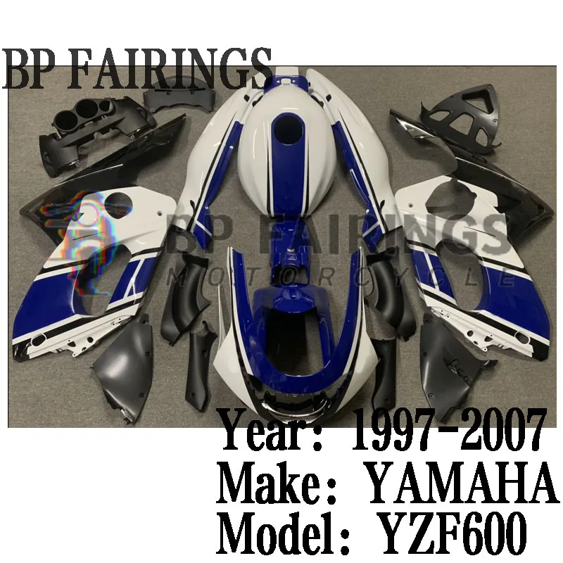 

Комплект обтекателей для YAMAHA, подходит для YZF600 1997 1998 1999 2000 2001 2002 2003 2004 2007, комплект обтекателей для кузова, белый, синий