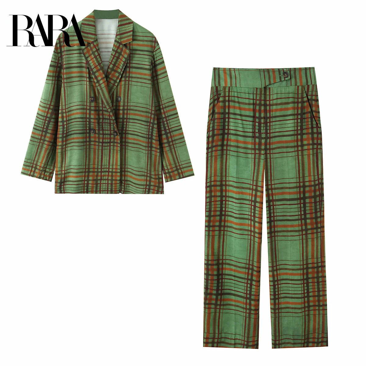 

RARA2025 осенний новый женский повседневный модный темпераментный клетчатый драпированный пиджак с длинными рукавами + прямые брюки