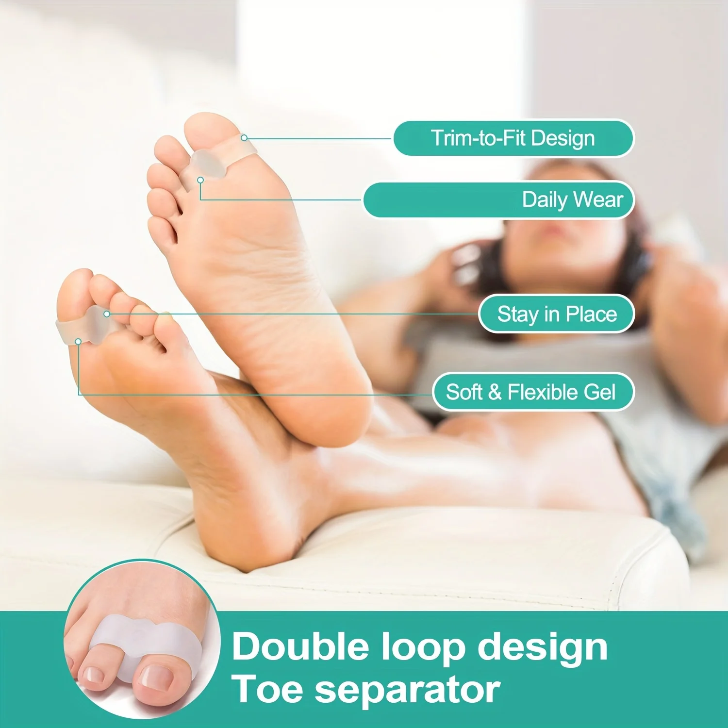 2 فواصل أصابع مطاطية ناعمة مع حلقتين - مقسم أصابع القدم من السيليكون المريح، مناسبة للاستخدام اليومي واليوجا والاسترخاء اليومي - مرنة،