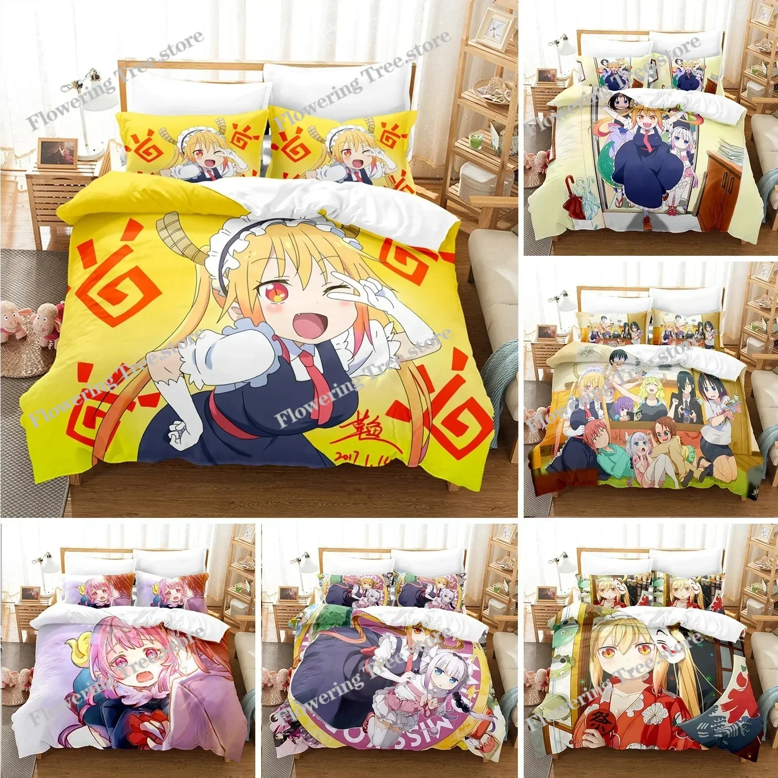 

Комплект постельного белья Miss Kobayashis Dragon Maid с 3D принтом, аниме Kanna, пододеяльник, двойной, полный, Queen King, пододеяльник для взрослых и детей