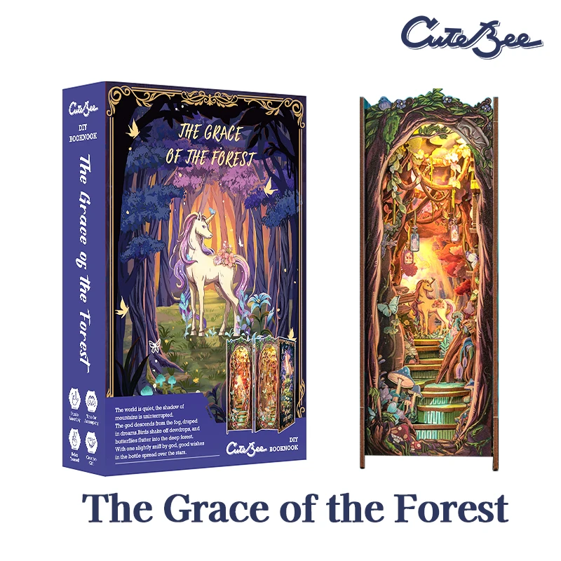 CUTEBEE خشبية ثلاثية الأبعاد لغز لتقوم بها بنفسك كتاب الزاوية عدة دمية مصغرة مع غطاء غبار خفيف رف الكتب إدراج لهدية عيد ميلاد الطفل #6