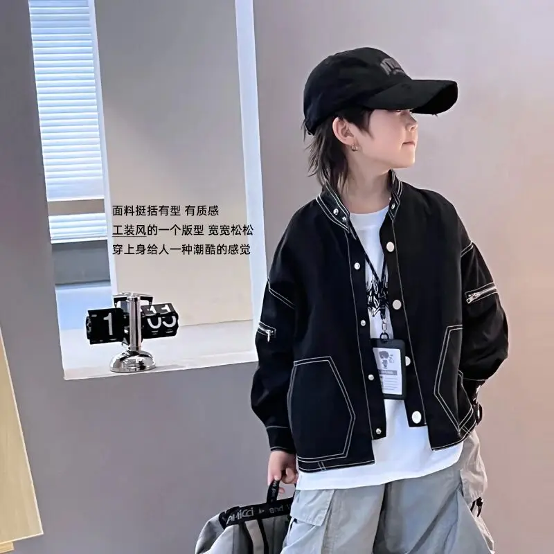 سترة للأولاد بتصميم خيط لامع ملابس ربيعية وخريفية وسيم 2025 سترة جديدة للأطفال بياقة واقفة