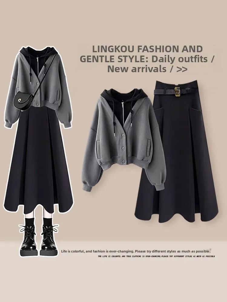 

Casual plus Size Autumn Winter Set Women Anti-Aging Unique Sle Slimming Hoodie College Sle Meat Covering f Skirt Two P...