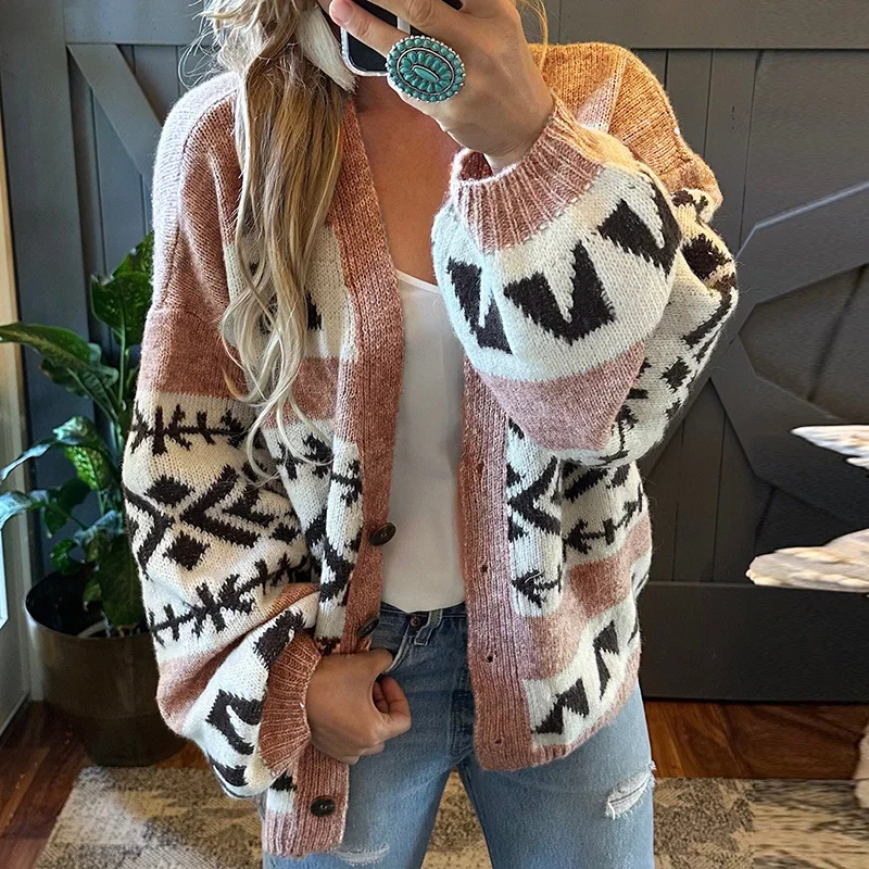 2025 우아한 V넥 루즈핏 니트 가디건 패션 자카드 배색 아우터 캐주얼 긴팔 스웨터 코트 (여성용)