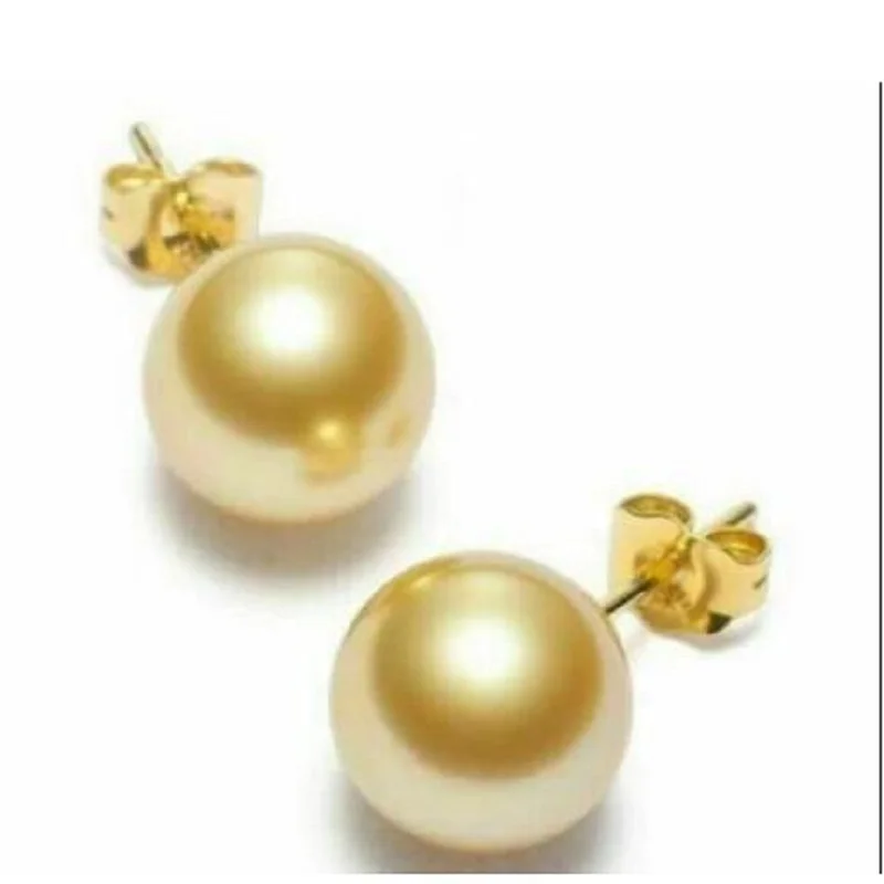 AAAA 7-7.5 mm Round Natural South Sea Golden Pearl Earring 14Kp Yellow Gold