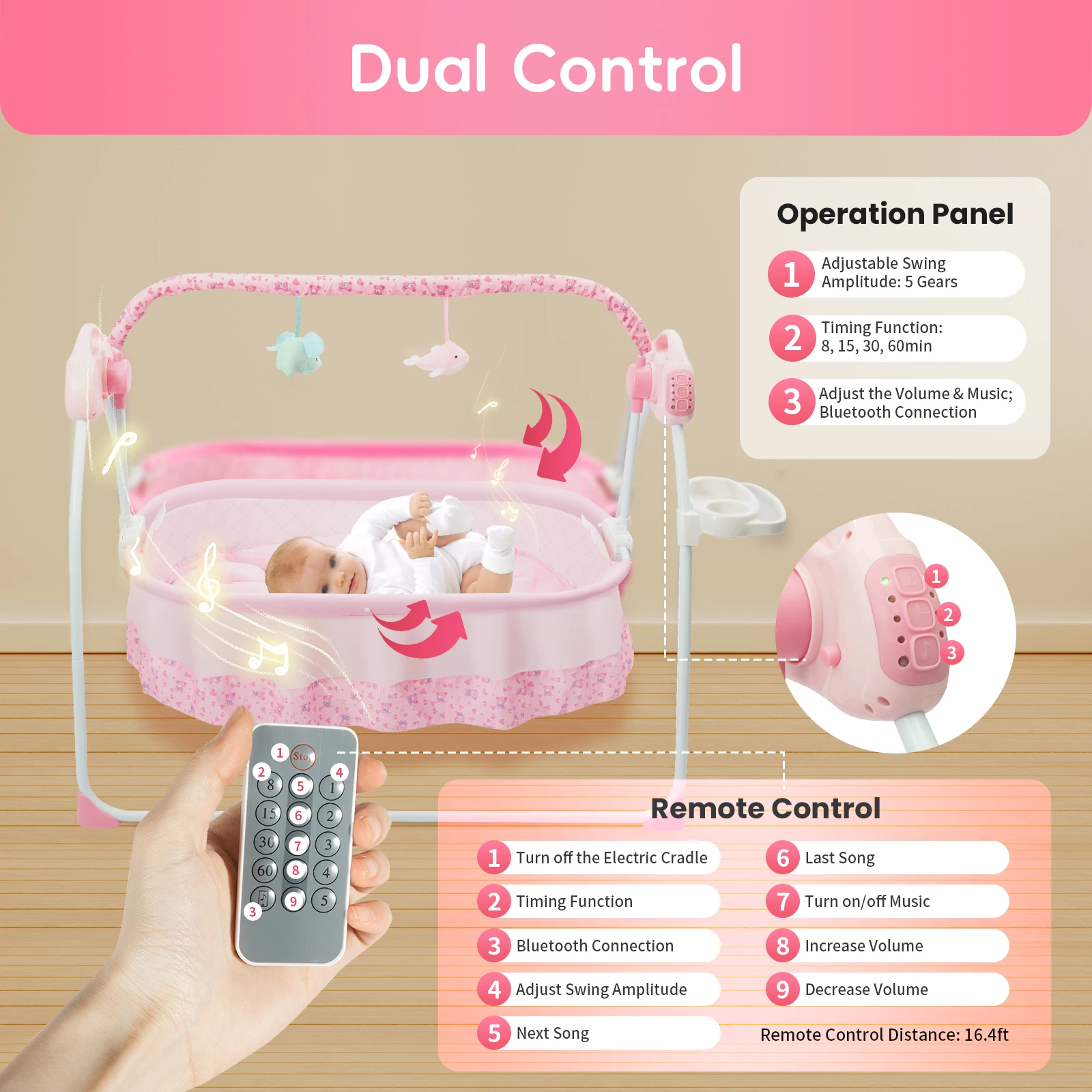 Baby Cradle Swing - 12 Songs/Bluetooth/USB, 5-Speed Adjustable Swing, Safety Belt&Anti-Tip Design,Breathable Fabric & ABS Frame