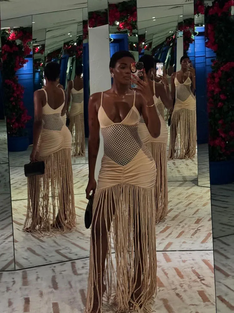 مثير شبكة الجوف خارج شرابة فستان طويل المرأة الصيف الخامس الرقبة أكمام Ruched شاطئ عطلة فساتين الحفلات