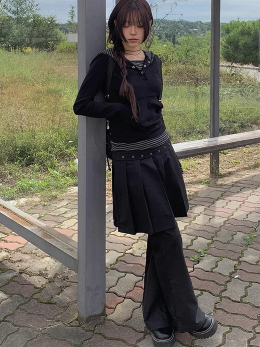 Unique SEI Korean Sle Long Sve Hooded Striped Patchwork Button Women's T-irt Casual Skirt Pants Autumn Winter Faion