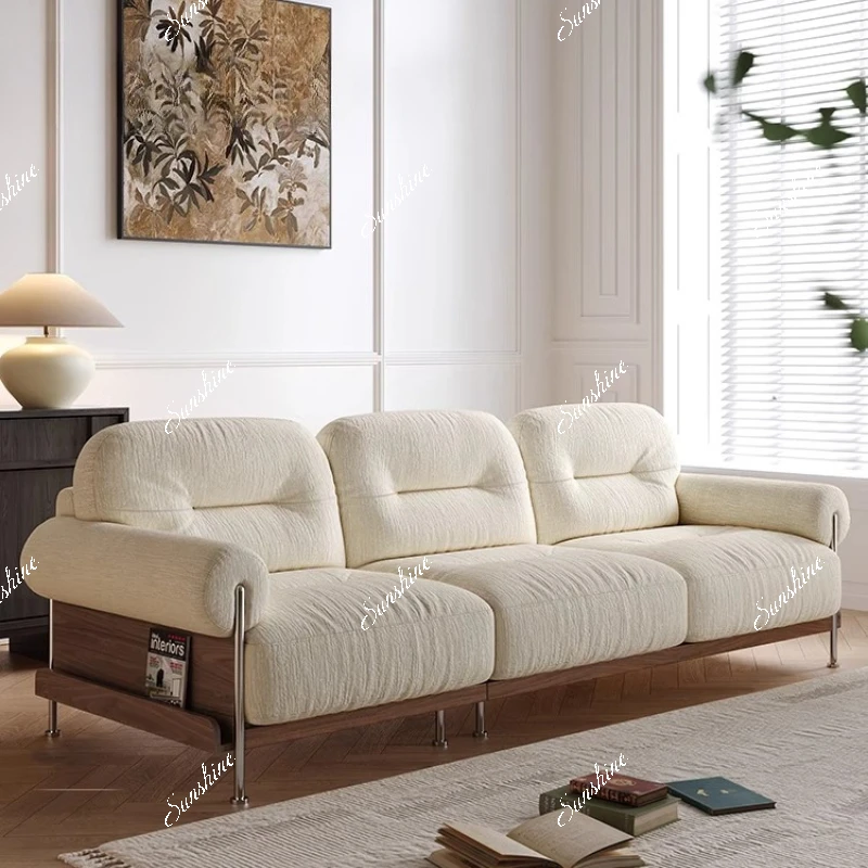 French retro living room small apartment solid wood straight row chenille fabric removable sofa