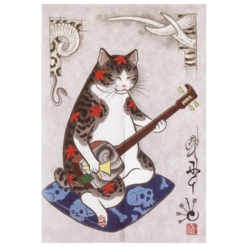 Rideau de Porte Noren avec Tatouage de Chat Japonais Ukiyo-e, Imprimé, pour Cuisine, Chambre à Coucher, Décoration d\'Entrée, Demi-Rideaux