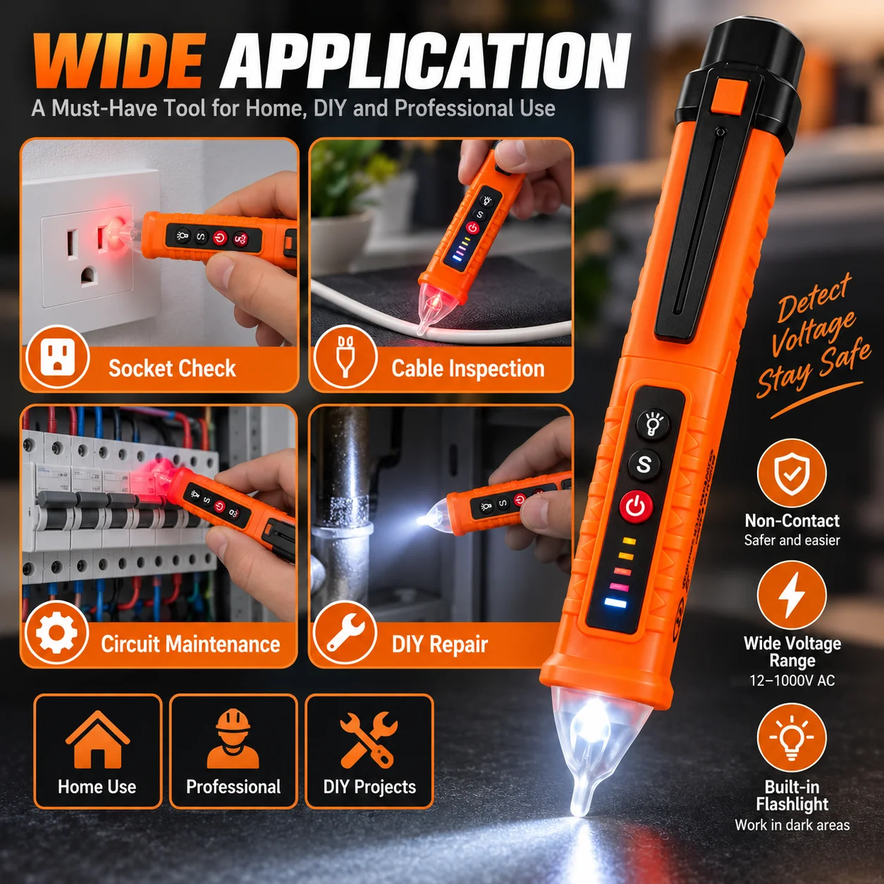 AC 12-1000V Non-Contact Voltage Detector, Live Neutral Wire Tester, Breakpoint Finder, Electric Test Pen for Home DIY Repair