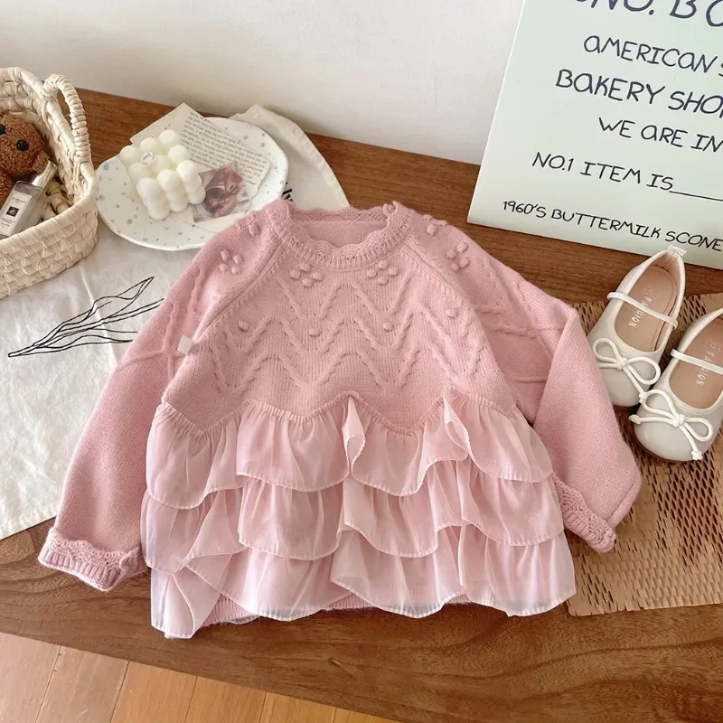 Girls Sweater Foreign Style 2024 Autumn and Winter New Princess Children Lace Knit Shirt Girl Everything Top Princess Style Top