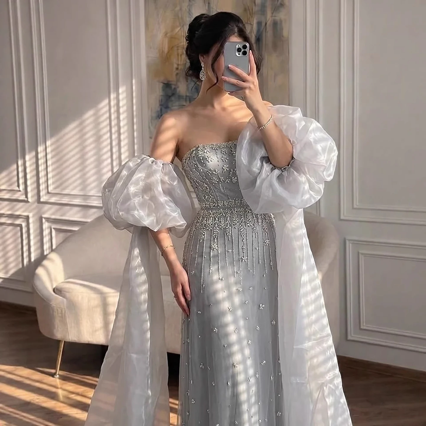 grey puffy dress Serene Hill Grey Luxury Puffy Sleeves Evening Dresses Gowns 2025 Grey / 6