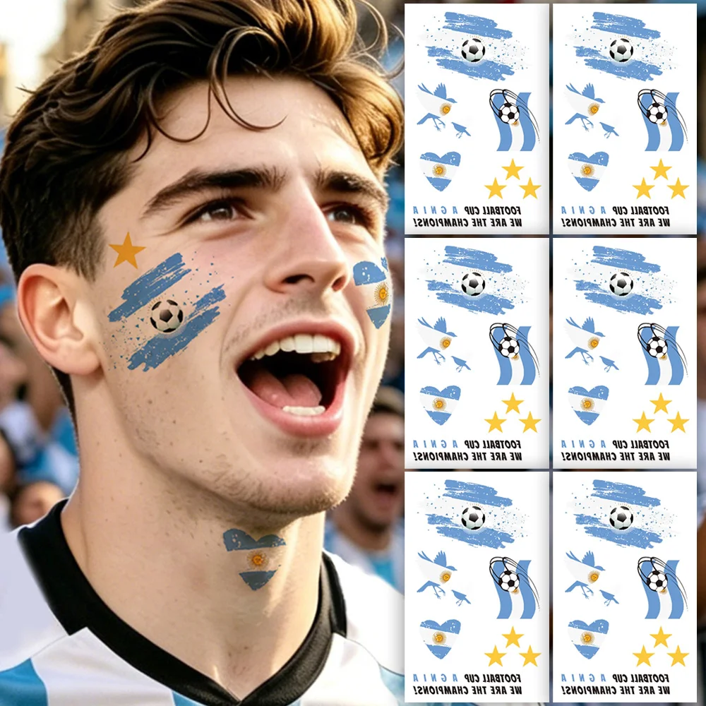 6 Sheets Argentina Football Temporary Tattoos, Sports Event National Flag Tattoos, Soccer Fans Game Day Face Arms Decor Stickers