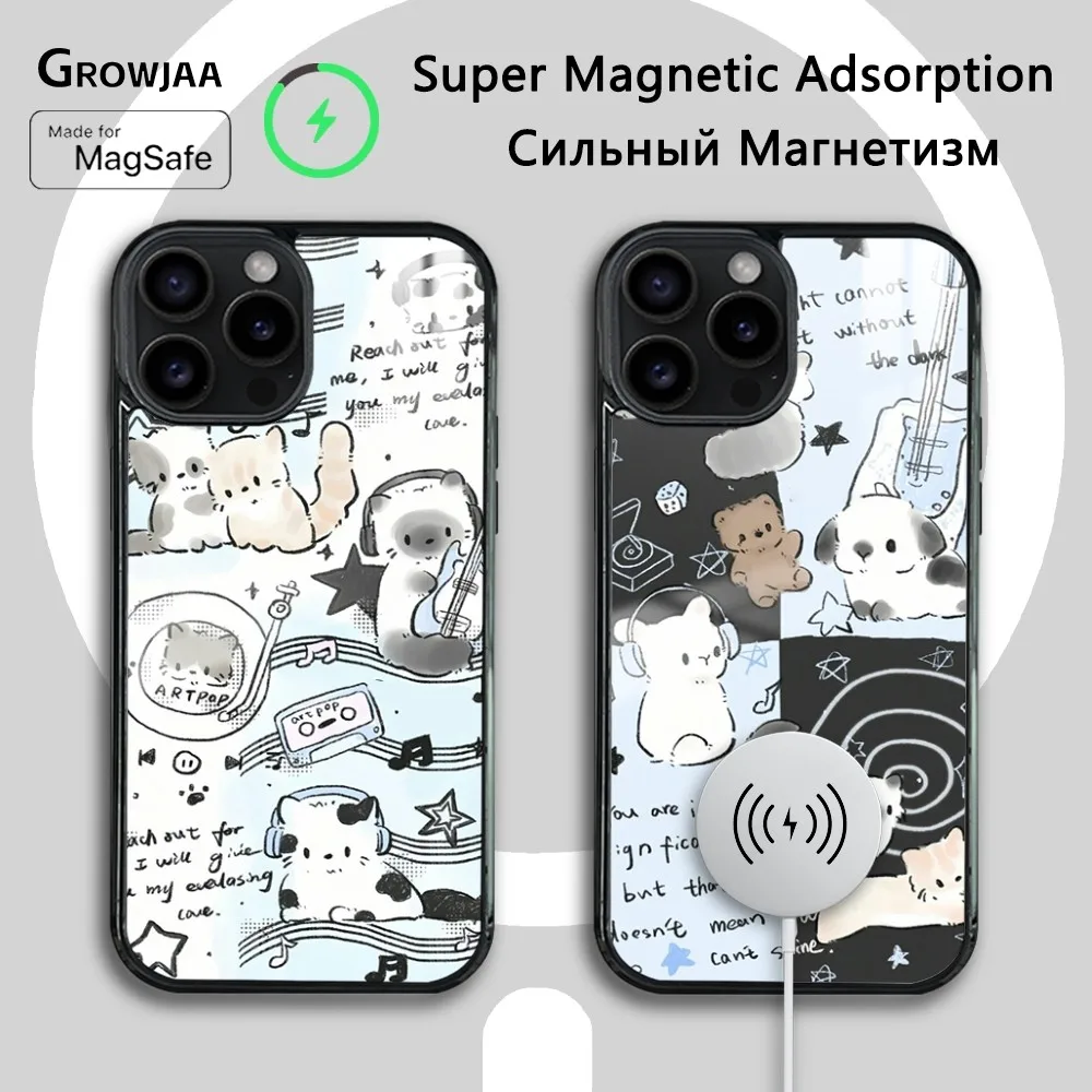 

Black Guitar Music Cat Phone Case For iPhone 16 15 14 13 12 11 Pro Max Plus Mini New Magsafe Mirror Wireless Magnetic Cover