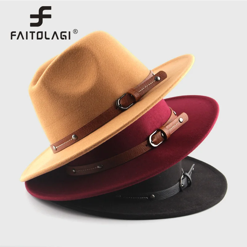 Belt Wool Fedoras Hat For Women Men Winter Autumn Warm Vintage British Style Round Bowler Caps Church Flat Brim Felt Jazz Hats