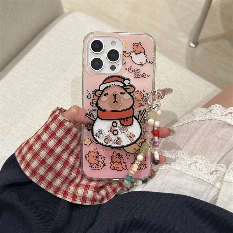 Cute Cartoon Animal Capybara Shockproof Phone Case For iPhone 16 Pro 13 14 15 16 Pro Max Funny Capybara Shake Holder Wrist Strap