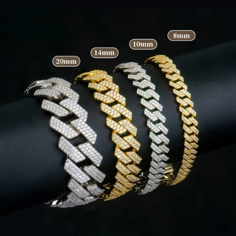 

Wholesale Custom 8 10 12 14 18 20 mm 925 Sterling Silver Hiphop Jewelry Iced Out Diamond Moissanite Mossanite Cuban Bracelet