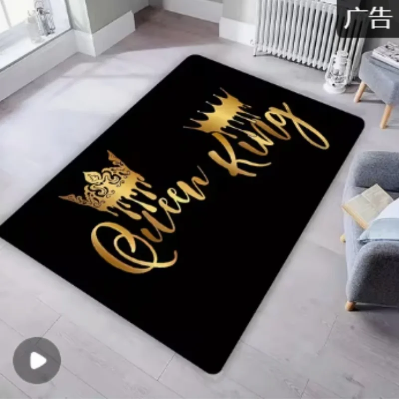 Newest Black Gold Queen King Crown Text Large Area Rug Non Slip Couple Living Room Floor Carpet