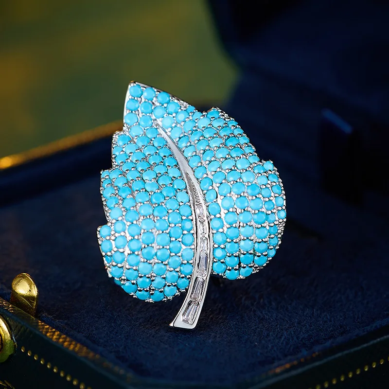 

High-end Light Luxury Turquoise Leaf Brooch Pins Niche Jewelry Design Leaves Corsage for Woman and Man Coat Broche Accessories