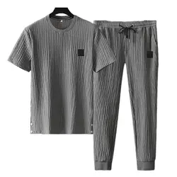 Men Outfit Men's Summer Pleated Tracksuit Set Soft Breathable Shirt Pants Two-piece Casual Sports Suit for Daily Wear High Ice