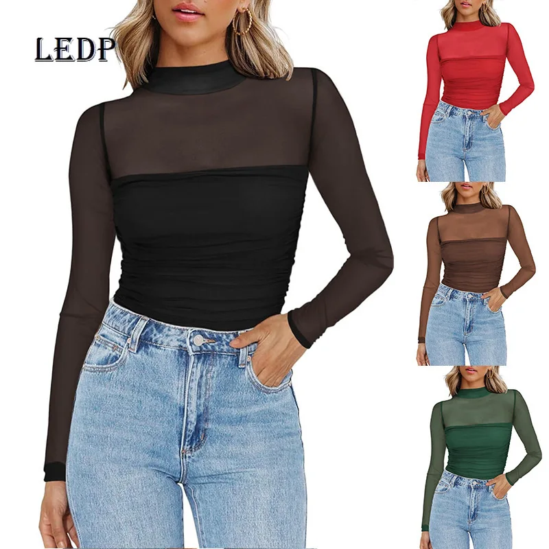 

Европа, Америка, осень 2023, новая женская нижняя рубашка с круглым вырезом, сетчатая перспективная полуводолазка с длинными рукавами, сексуальный женский топ