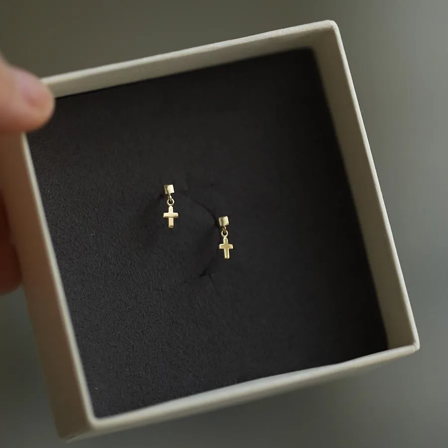 925 Sterling Silver Plated 14K Gold Mini Cross Stud Earrings for Women Korea Temperament Versatile Jewelry