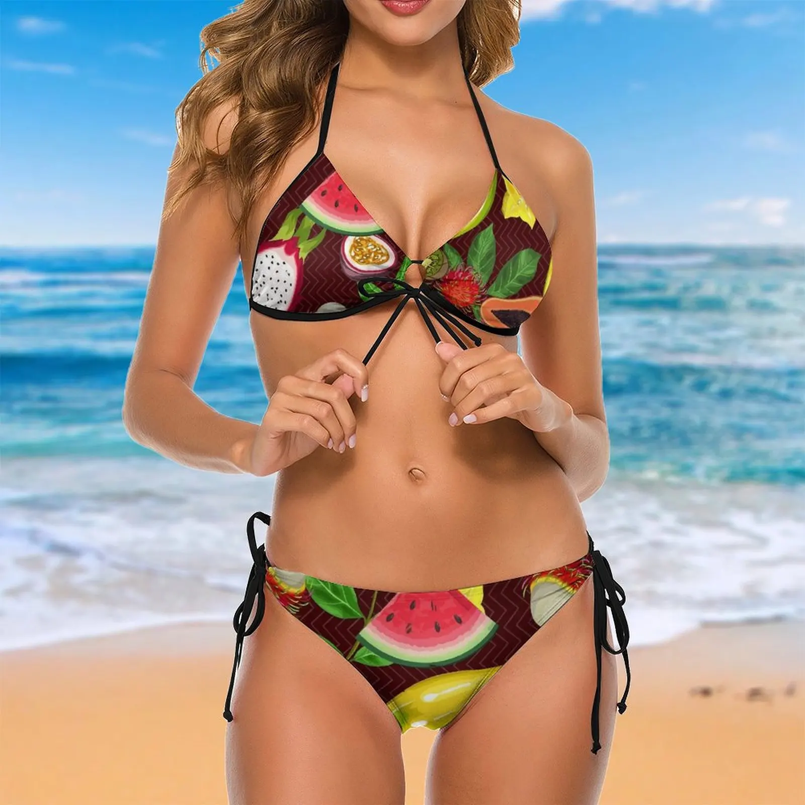 Bikini con estampado de frutas tropicales para mujer, traje de baño con estampado de frutas de colores en rodajas, conjunto de Bikini Sexy con realce, traje de baño con cordón para playa