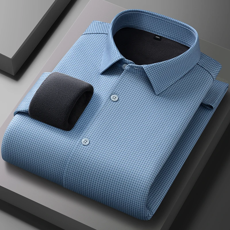 Kemeja lengan panjang bergaris ModaL hangat musim dingin untuk pria kemeja kasual slim fit lembut anti-kerut elegan pakaian tebal.