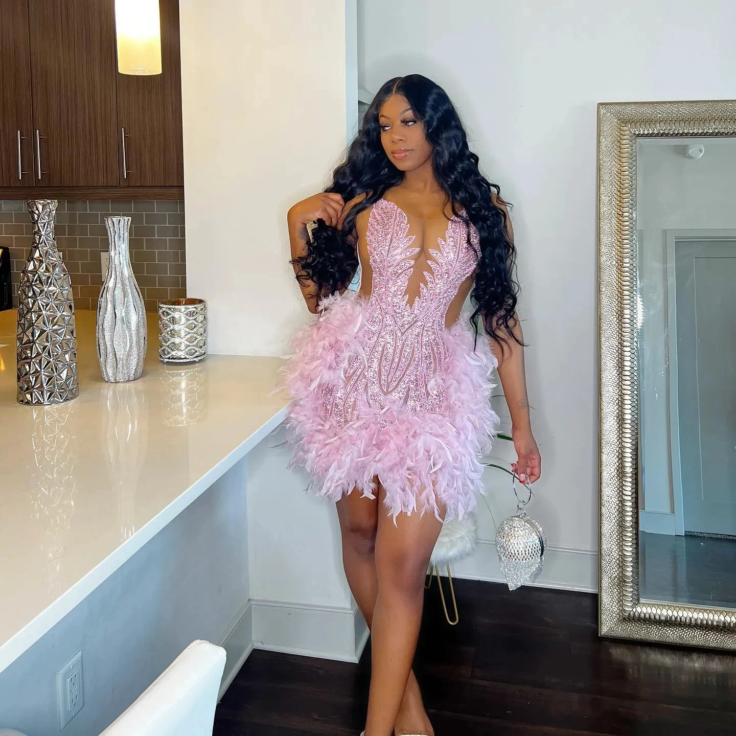 Feather Pink Diamond Short Prom Dresses Black Girls Sexy Birthday Party Dress Beaded African Mini Cocktail Dresses Homecoming