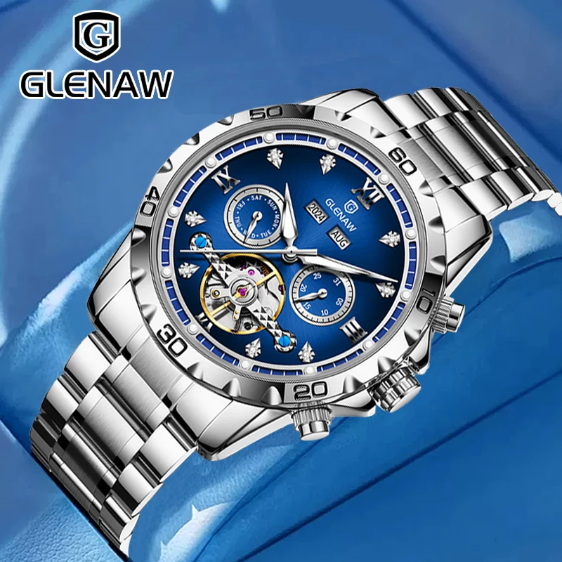 

2025 NEW GLENAW Year Month Sunday Multi-functional Mechanical Watch Men TOP-luxurious Stainless Steel Waterproof Luminous Watch