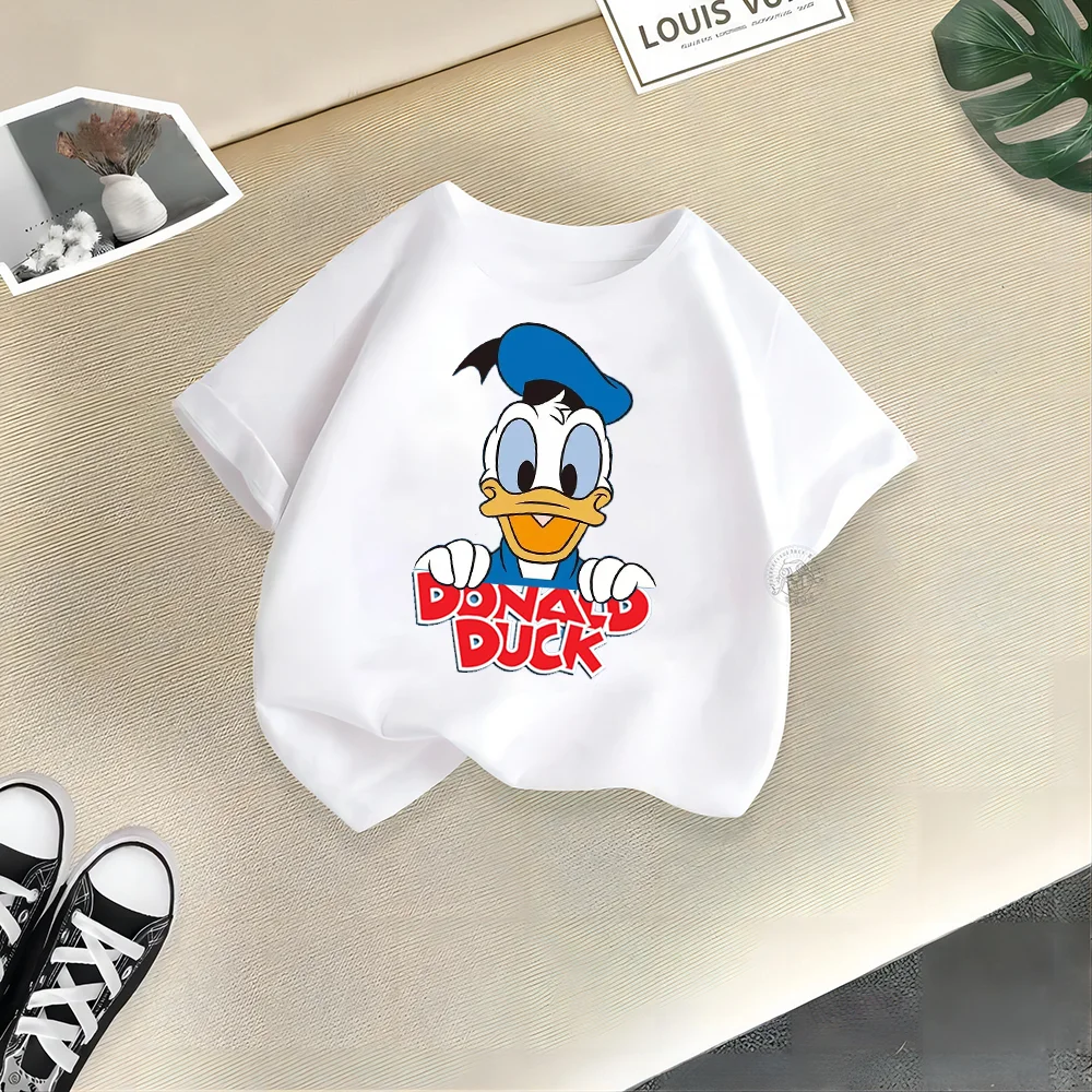 Disney Summer Teen 100% Cotton T-shirt Donald Duck Print Boys Girls Casual Top Cotton T-shirt Kids Comfortable Jumper T-shirt