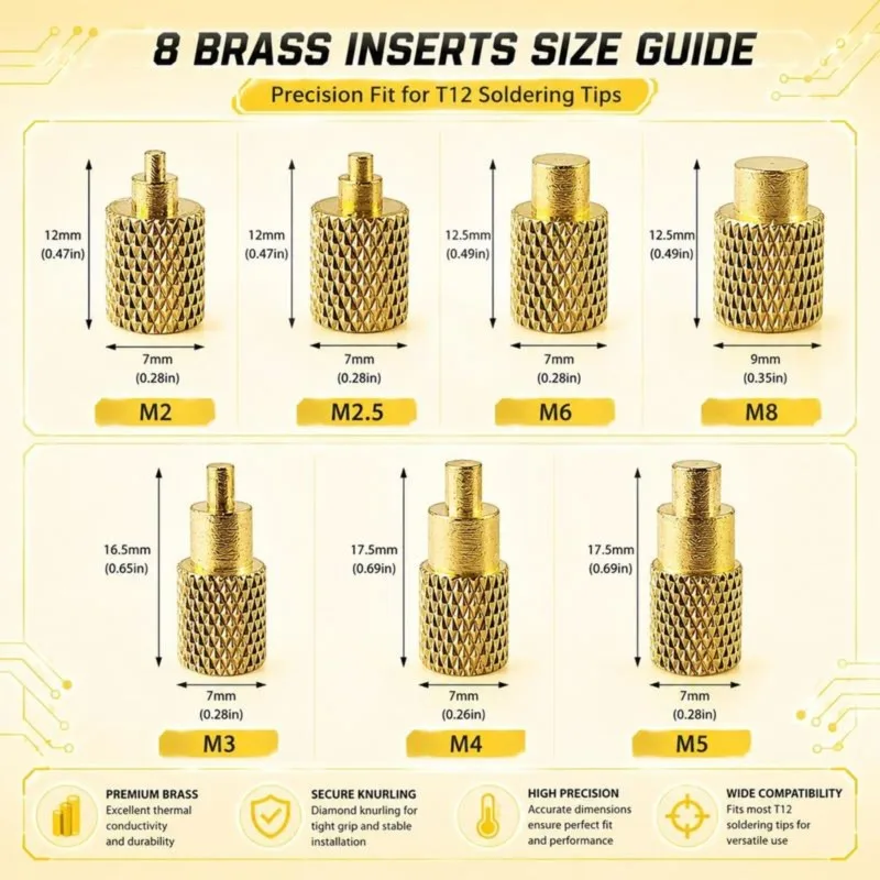 DT21 Heat Set Insert Tool Kit M2-M8 Threaded Brass Knurled Nuts for 3D Printed Parts, T12 Soldering Iron Adapter