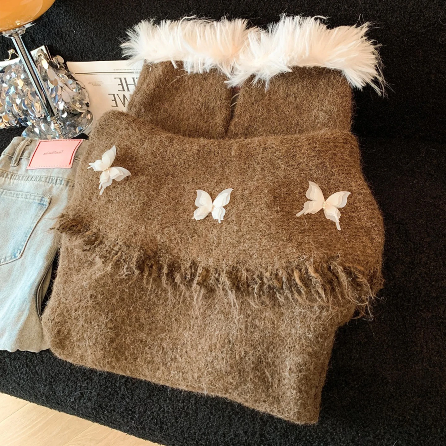 سترة نسائية بلون واحد بكتف واحد بلوفر على شكل فراشة بأكمام طويلة لخريف وشتاء 2025 على الطراز الكوري بلوزة فضفاضة #1