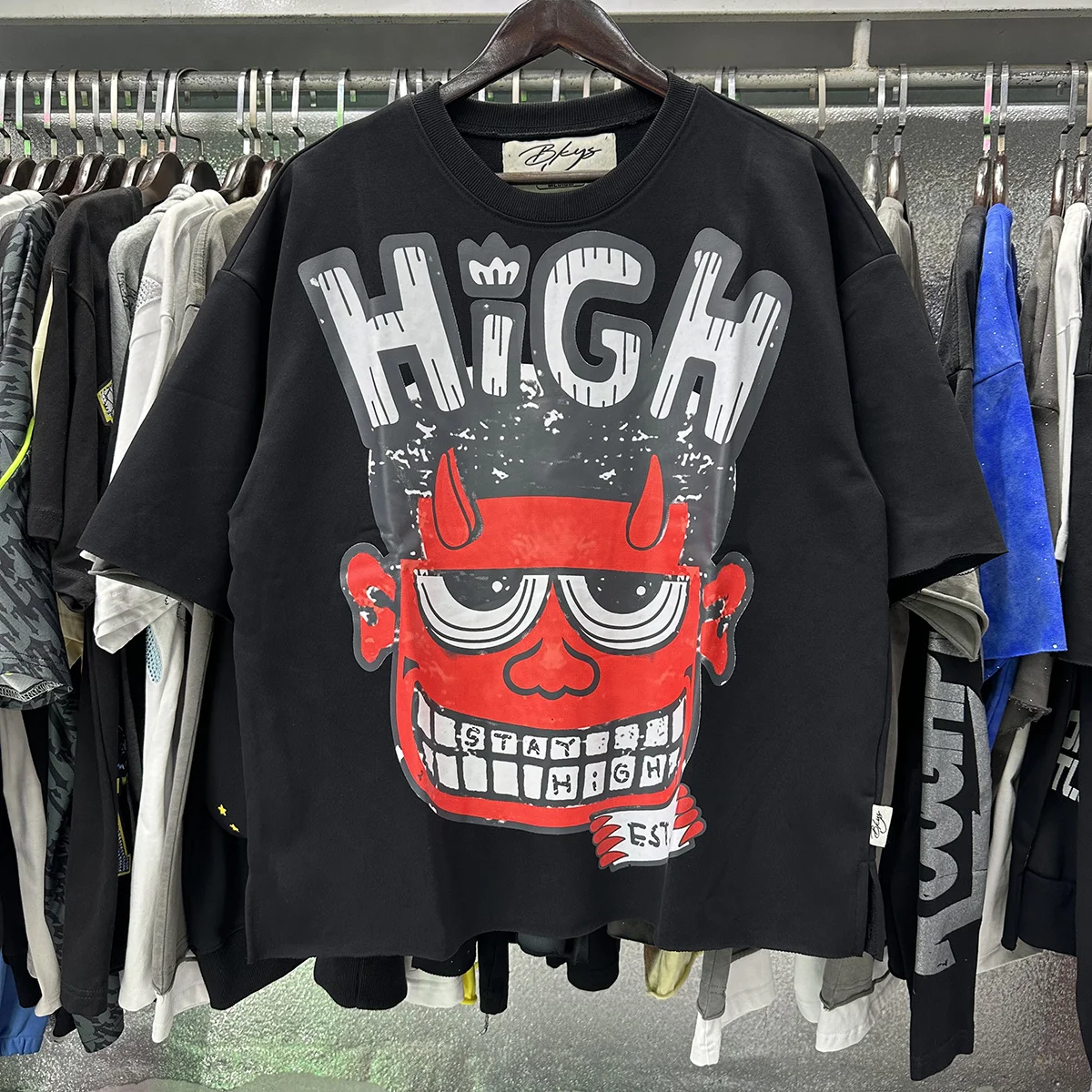 Retro American BKYS Cartoon Monster Print Hip Hop Rock INS Trendy Brand Men's Fleece Sweatshirt Short Sleeve T-Shirt