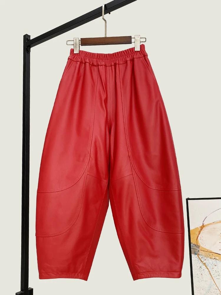 Winter New Loose High Quality Genuine Real Leather Pants Women's Waist Fashionable All-Match Sheepskin Ankle-Length