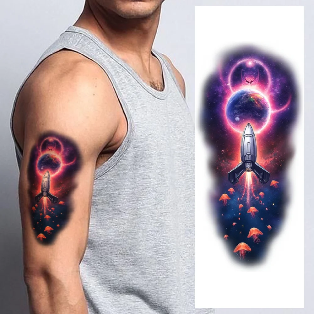 

12pcs Temporary Tattoo Space Helmet Waterproof Long-lasting Body Stickers Alien Astronaut Colorful Realism Starry Sky For