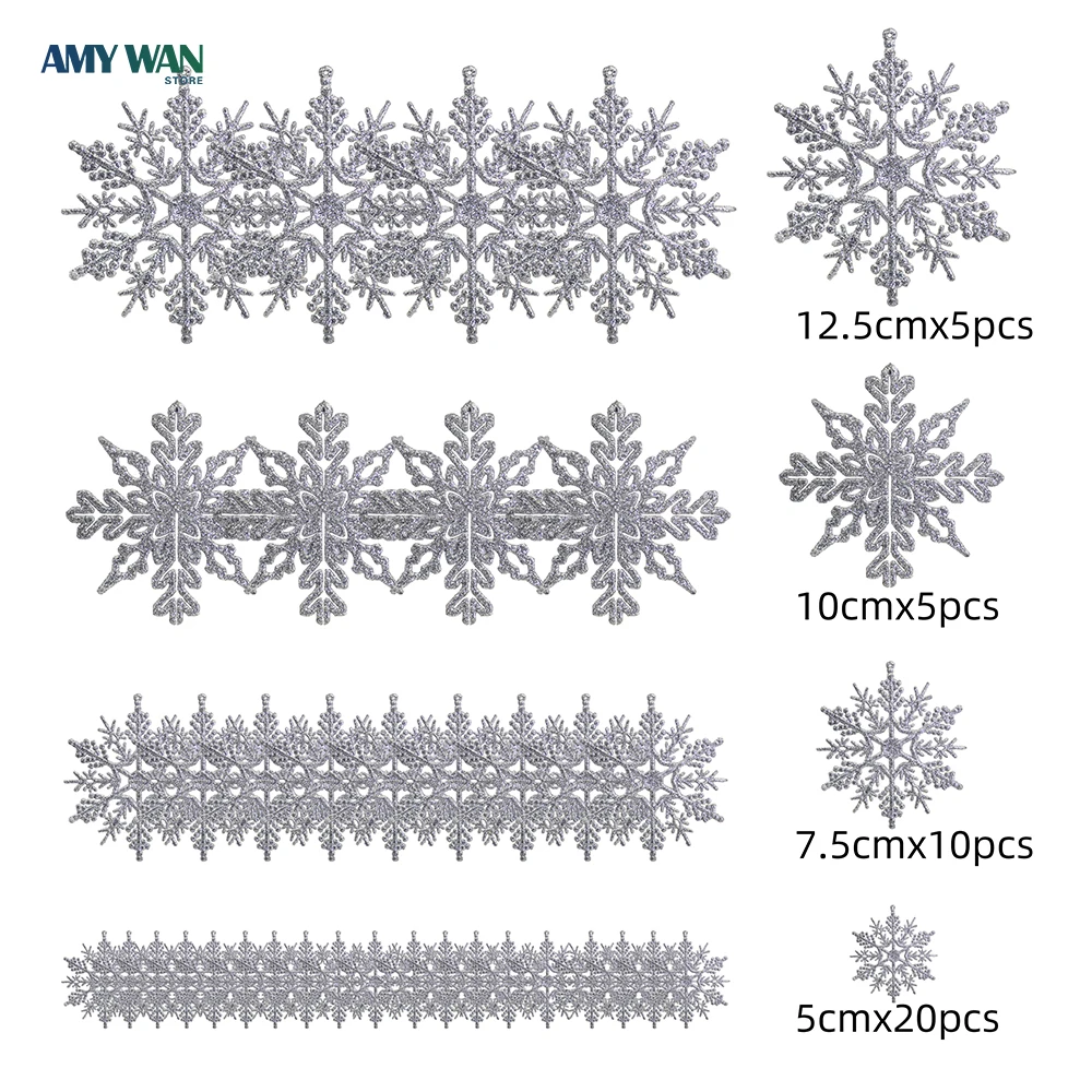 

40pcs /Pack Silver Christmas Plastic Glitter Snowflake Wedding Party New Year Xmas Tree Pendants Window Decor Noel Gifts Navidad