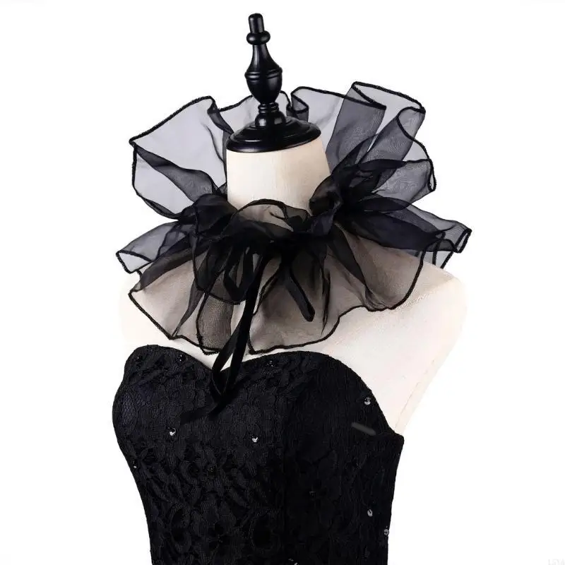 L5YA Victorian Ruffled Collar Girls Cosplay Tie Wrist Cuffs Collar Lapel Medieval Cosplay Victorian Ruffled Tie Collar
