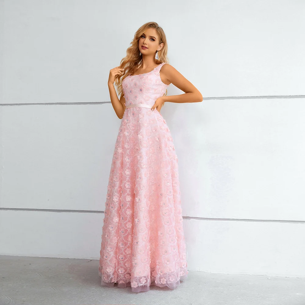 Customized Exquisite Square Collar A-Line Evening Dresses Pink 3D-Flowers Sleeveless Lace Sequin Long Prom Gown Modern Tulle Par