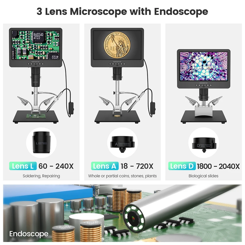 Andonstar AD249SM with Endoscope 10.1'' HDMI Digital Microscope 2000X for Circuit Board Repairing Microscope Electronics Repair