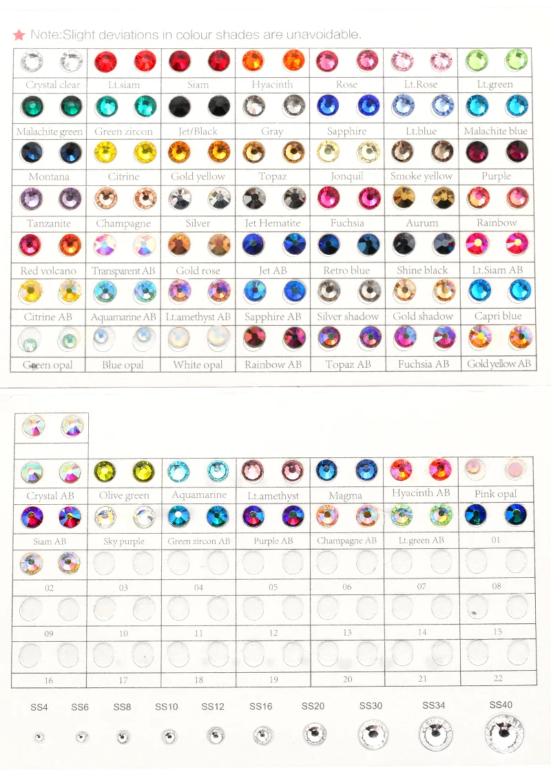 QIAO New Crystal Rhinestone Color Chart For Compare Colors 63 Colors Hot fix /Non Hotfix Rhinestones Color Card