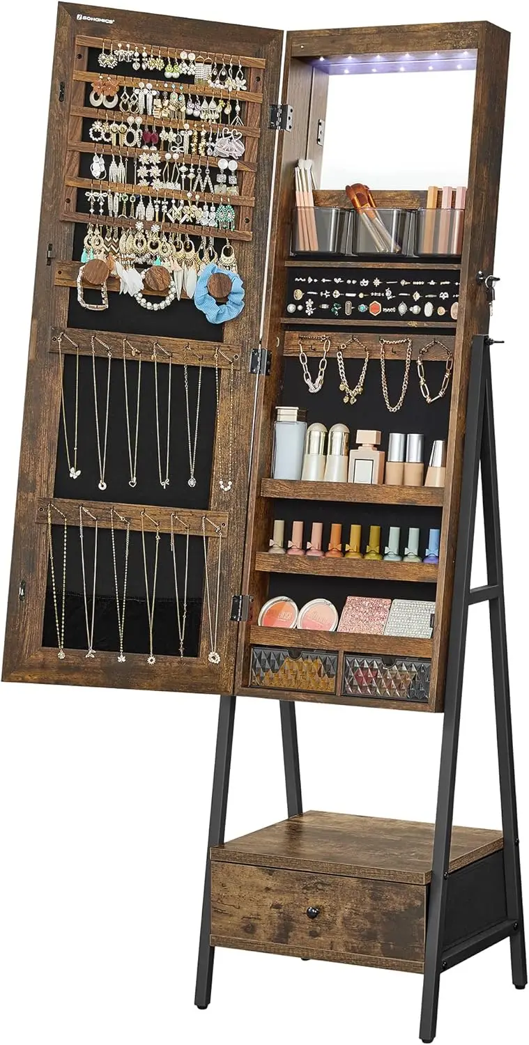 Standing, Lockable Jewelry Armoire with Full-Length Mirror, Space-Saving Jewelry Organizer with Mirror, Bottom Drawer and Shelf,