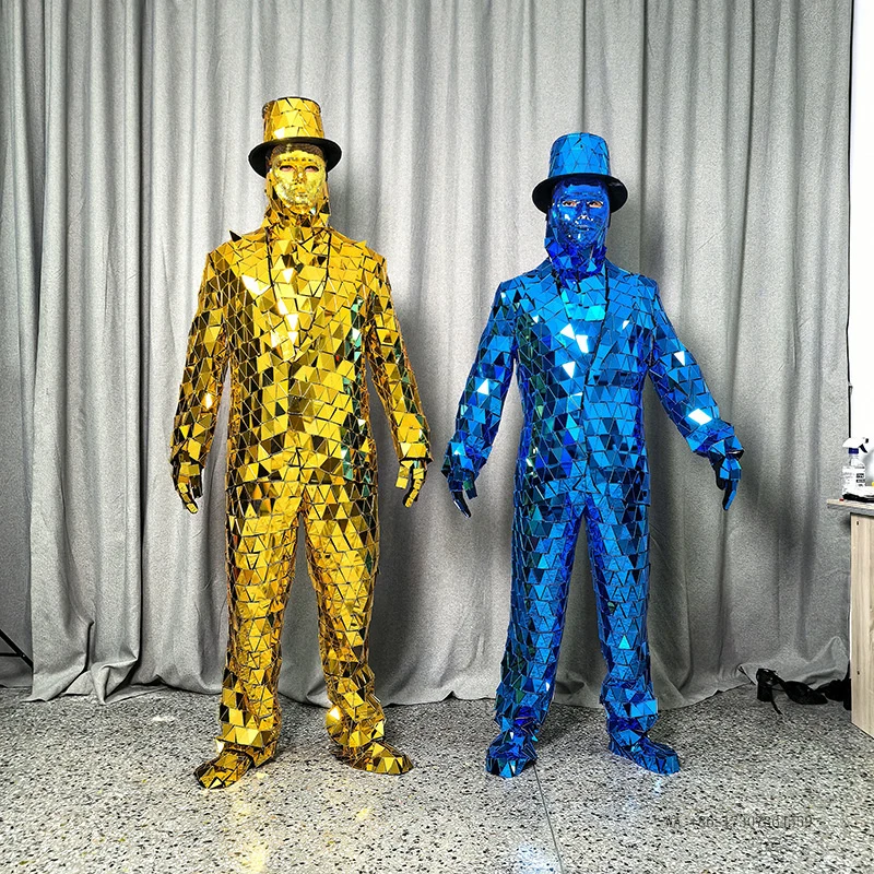 

Золотистая одежда с зеркальным блеском и отражающими элементами, костюм для уличных выступлений, сценический наряд в стиле костюма для механических танцев в баре.